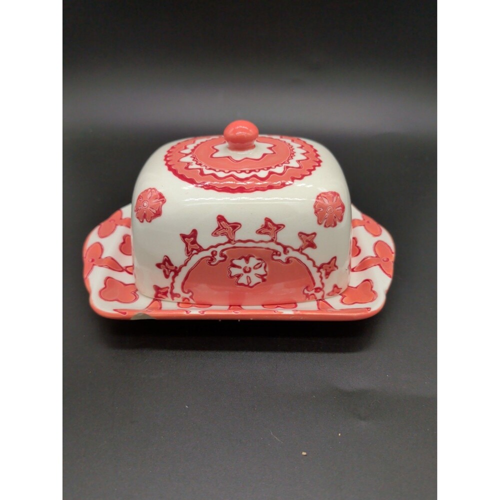 Anthropologie Hand Painted Butterdish Tangerine & White EUC